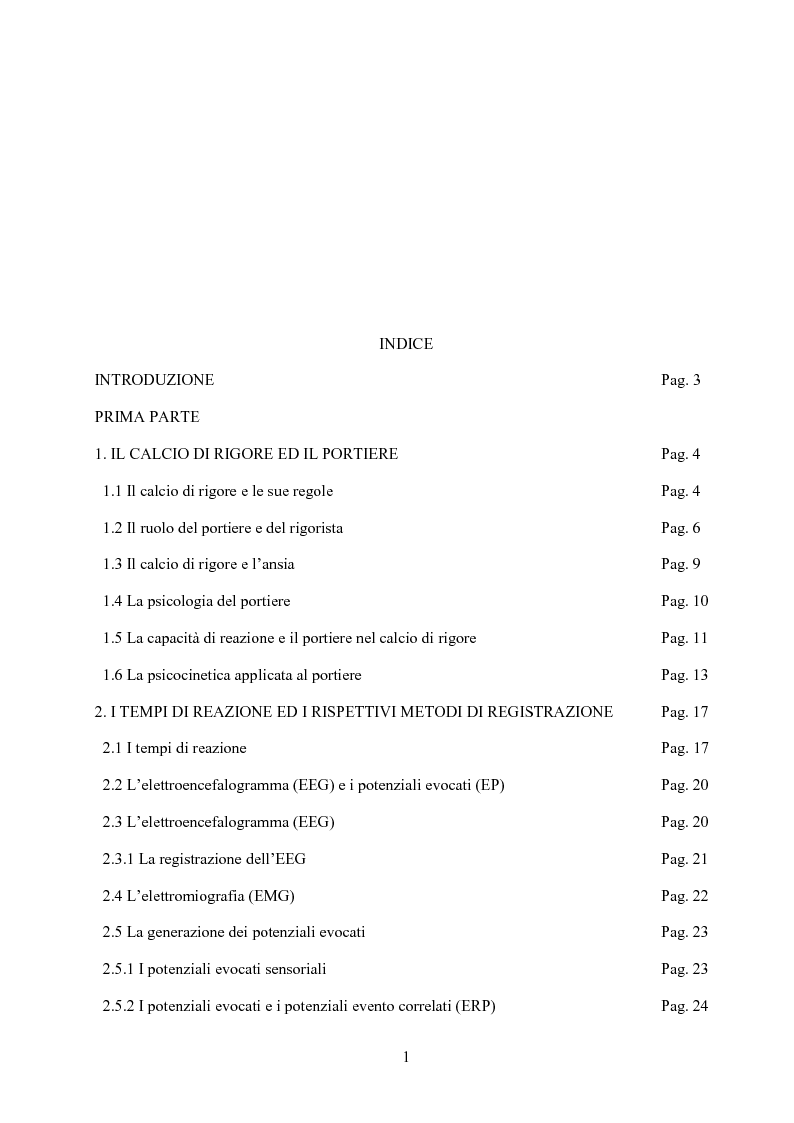 Indice della tesi: Il calcio di rigore: indagine sperimentale, Pagina 1