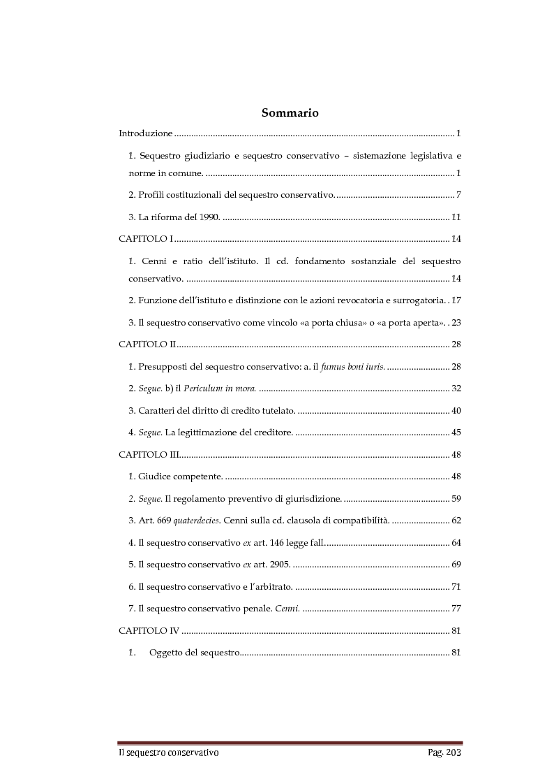 Indice della tesi: Il Sequestro Conservativo, Pagina 1