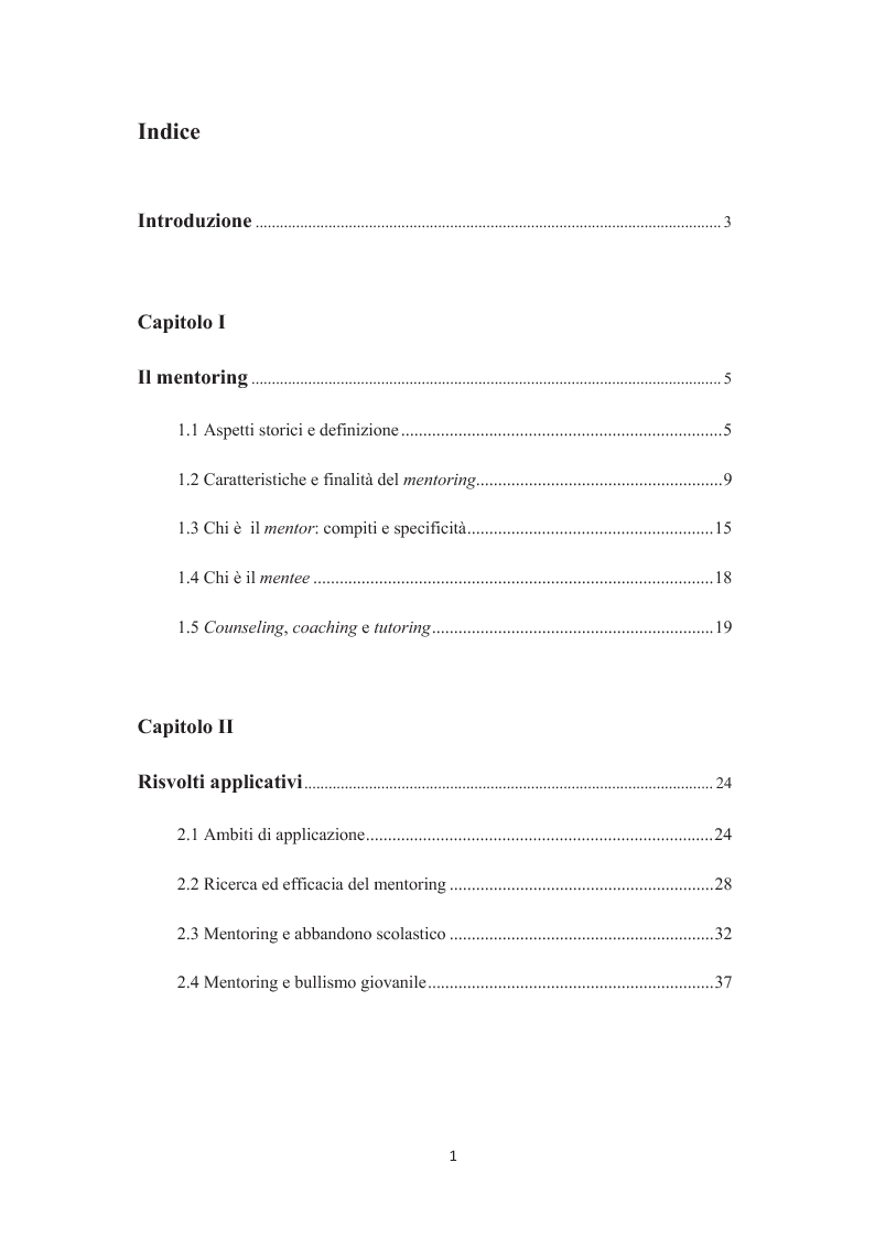 Indice della tesi: Mentoring e autostima, Pagina 1