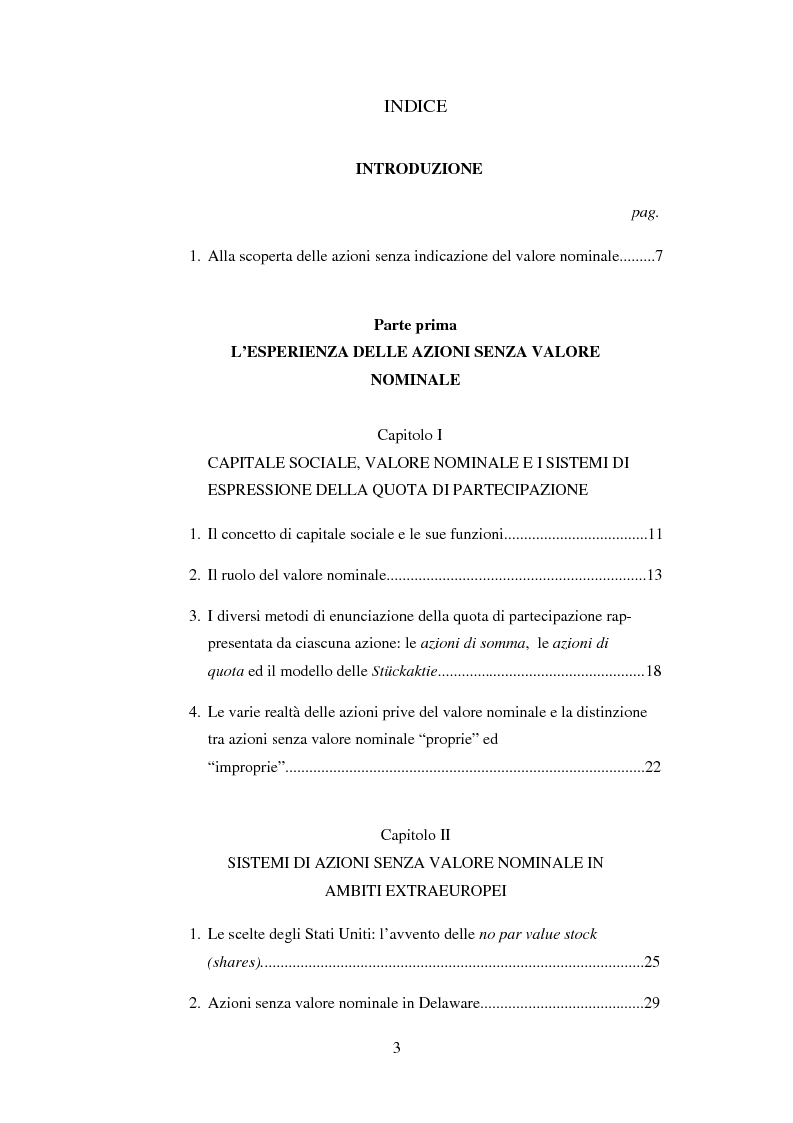 Indice della tesi: Le azioni senza l'indicazione del valore nominale, Pagina 1