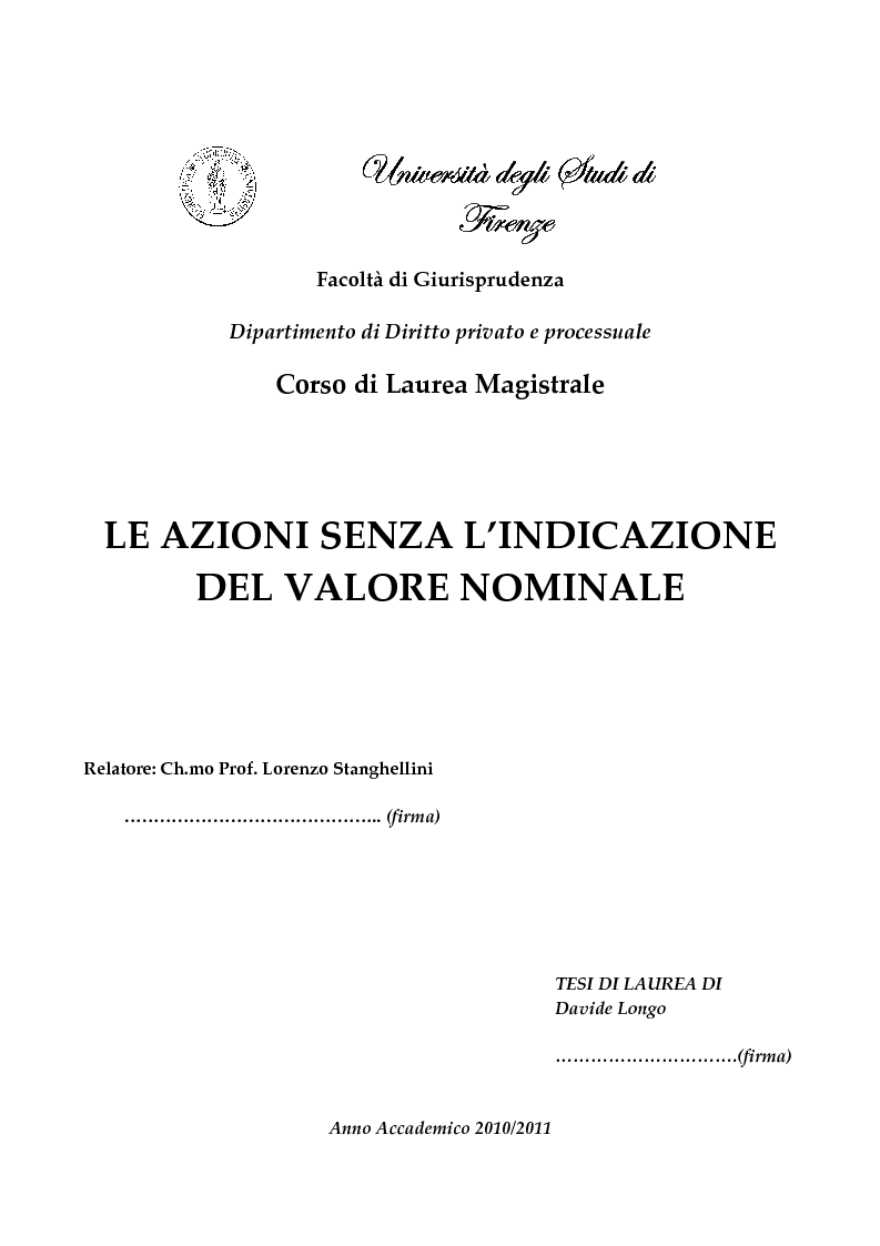 Anteprima della tesi: Le azioni senza l'indicazione del valore nominale, Pagina 1