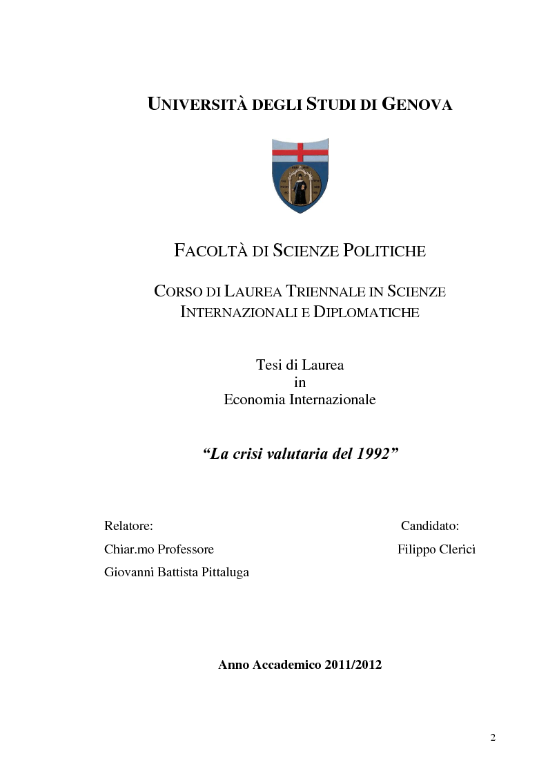 Anteprima della tesi: La crisi valutaria del 1992, Pagina 1
