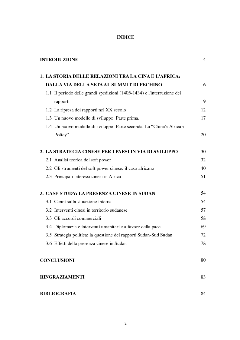 Indice della tesi: Soft-power e interessi geostrategici della Cina in Africa. Effetti nel Sudan., Pagina 1