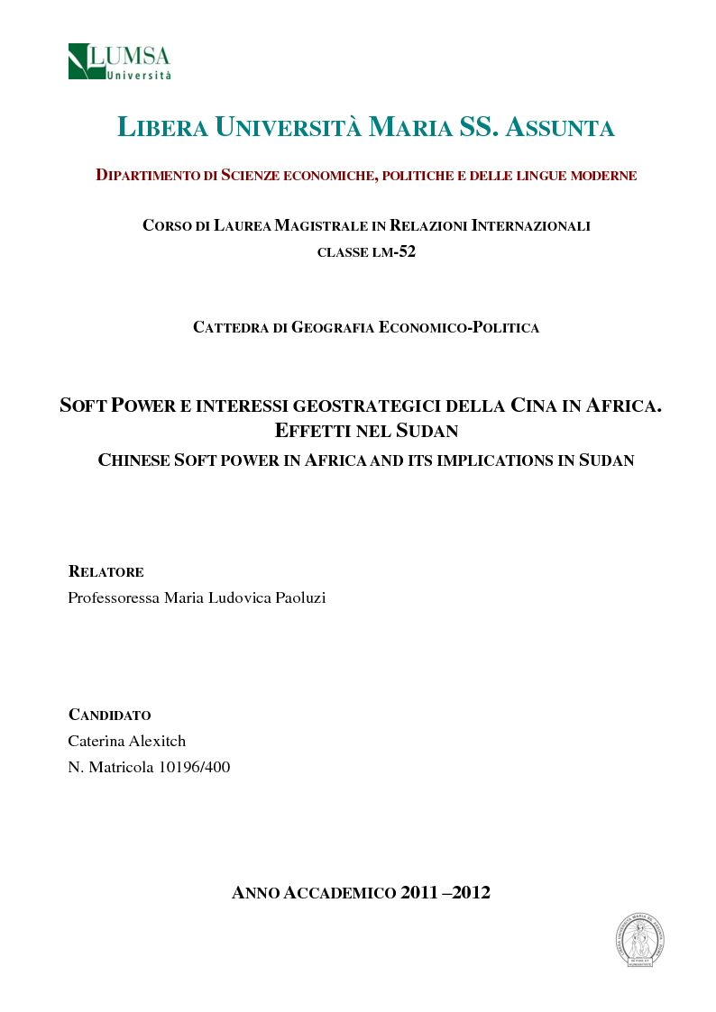 Anteprima della tesi: Soft-power e interessi geostrategici della Cina in Africa. Effetti nel Sudan., Pagina 1
