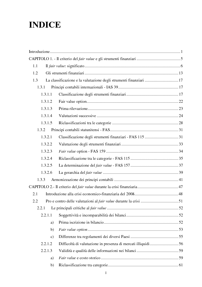 Indice della tesi: Il ruolo del fair value nella crisi finanziaria, Pagina 1