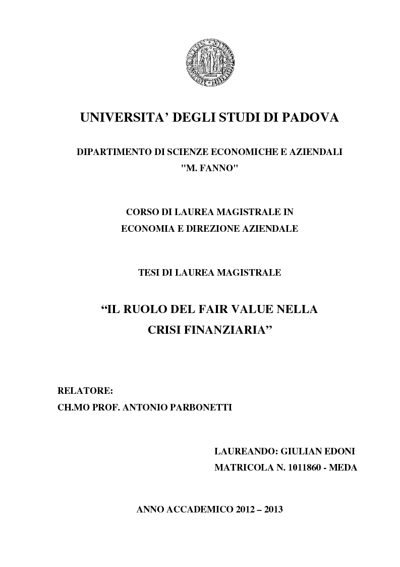 Anteprima della tesi: Il ruolo del fair value nella crisi finanziaria, Pagina 1