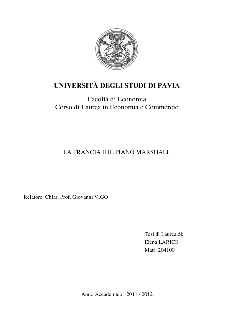 Anteprima della tesi: Il Piano Marshall in Francia, Pagina 1