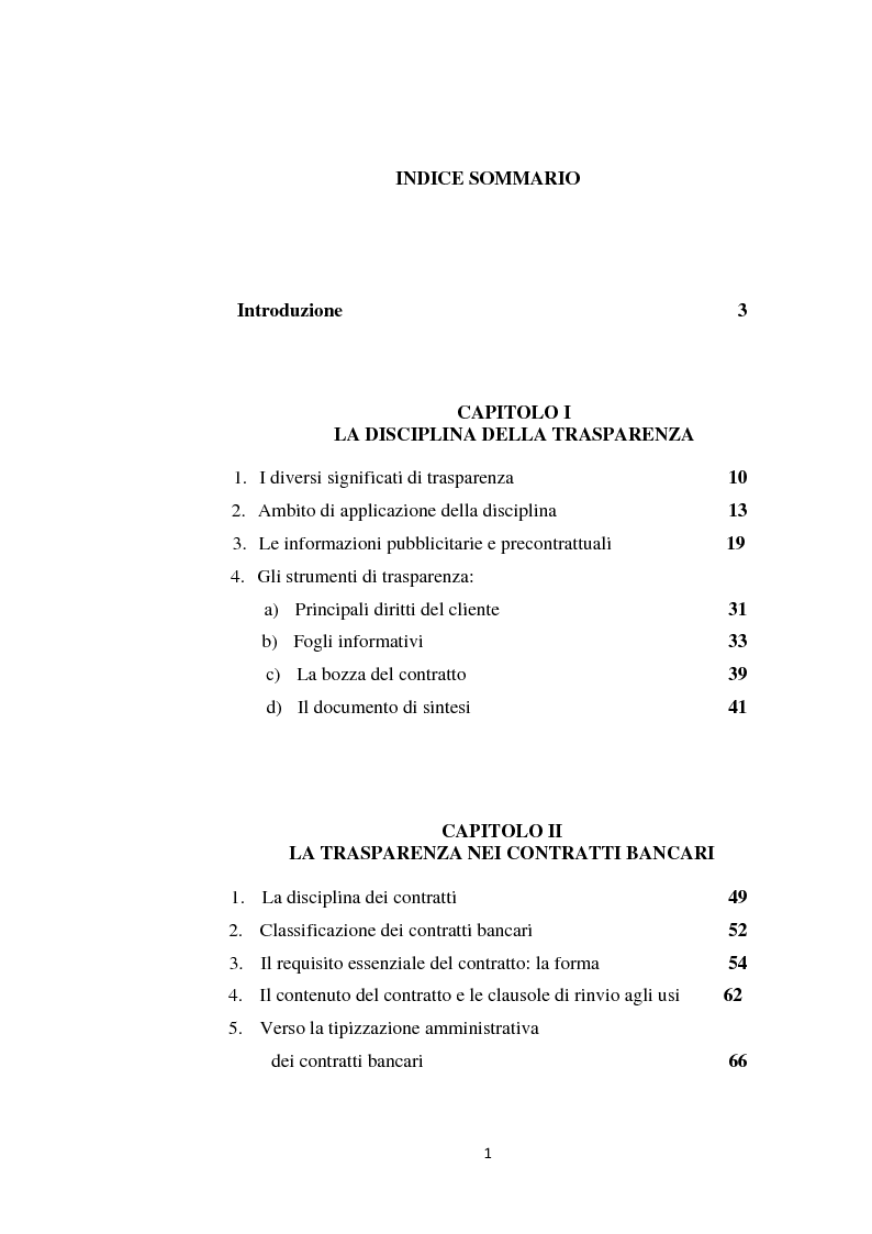 Indice della tesi: La trasparenza nel Testo Unico Bancario: profili contrattuali, Pagina 1