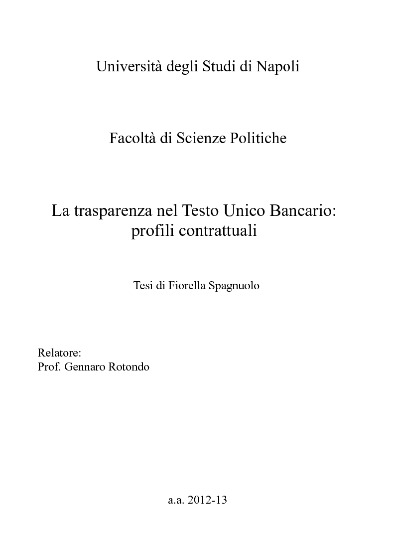 Anteprima della tesi: La trasparenza nel Testo Unico Bancario: profili contrattuali, Pagina 1