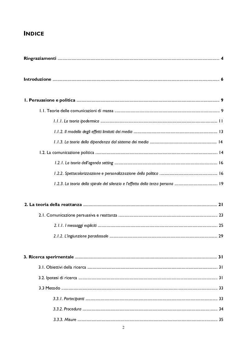 Indice della tesi: Comunicazione politica, persuasione e reattanza: l'effetto del claim nei manifesti elettorali, Pagina 1