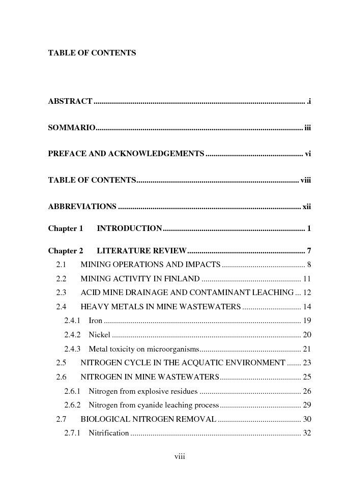 Indice della tesi: Nitrogen removal in low pH and heavy metal contaminated mine wastewaters, Pagina 1