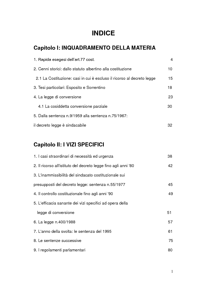 Indice della tesi: Decreti Legge: analisi delle principali sentenze della Corte Costituzionale, Pagina 1