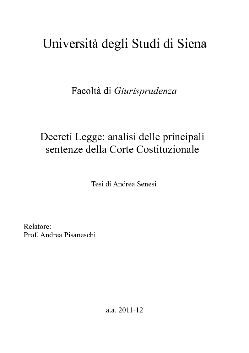 Anteprima della tesi: Decreti Legge: analisi delle principali sentenze della Corte Costituzionale, Pagina 1