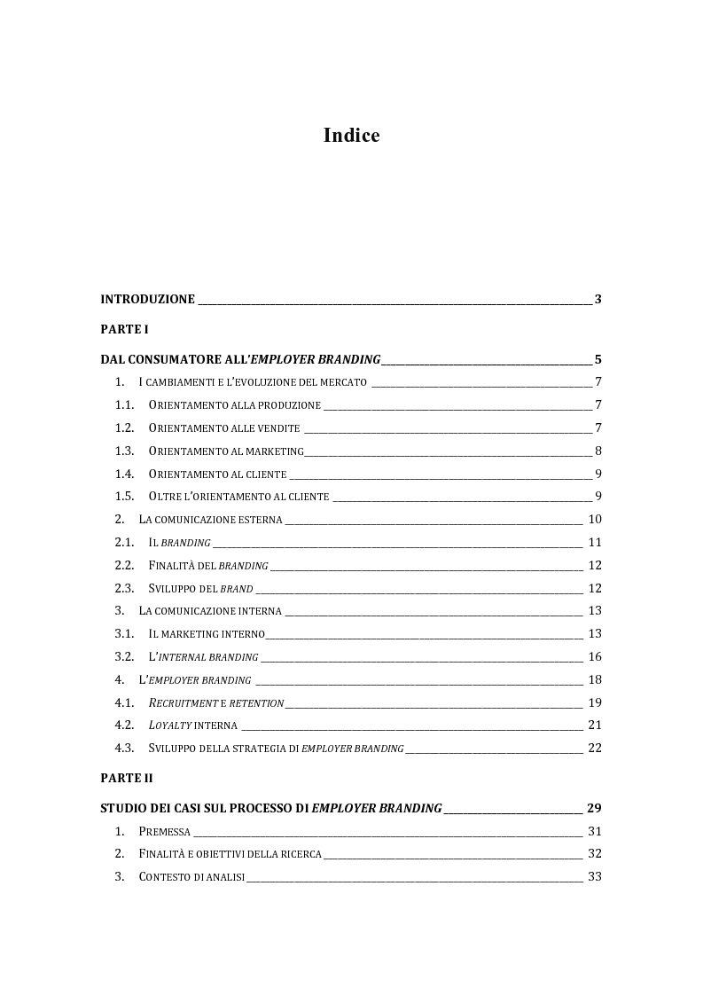 Indice della tesi: Employer branding. Una strategia di successo per le organizzazioni, Pagina 1