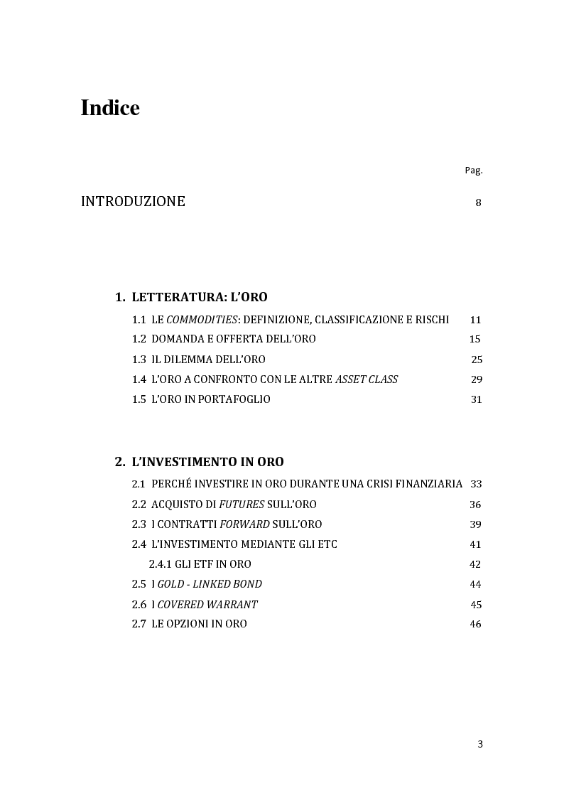 Indice della tesi: L'investimento in oro come inflation hedging, Pagina 1