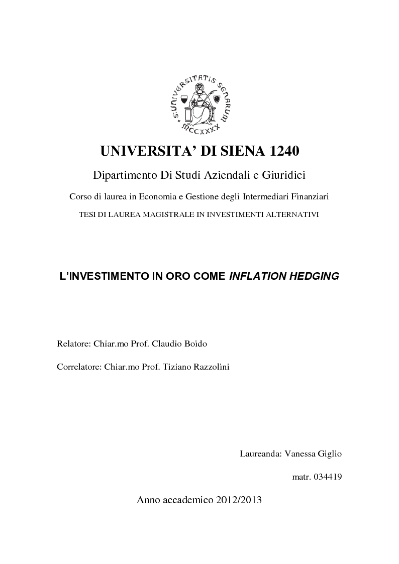Anteprima della tesi: L'investimento in oro come inflation hedging, Pagina 1