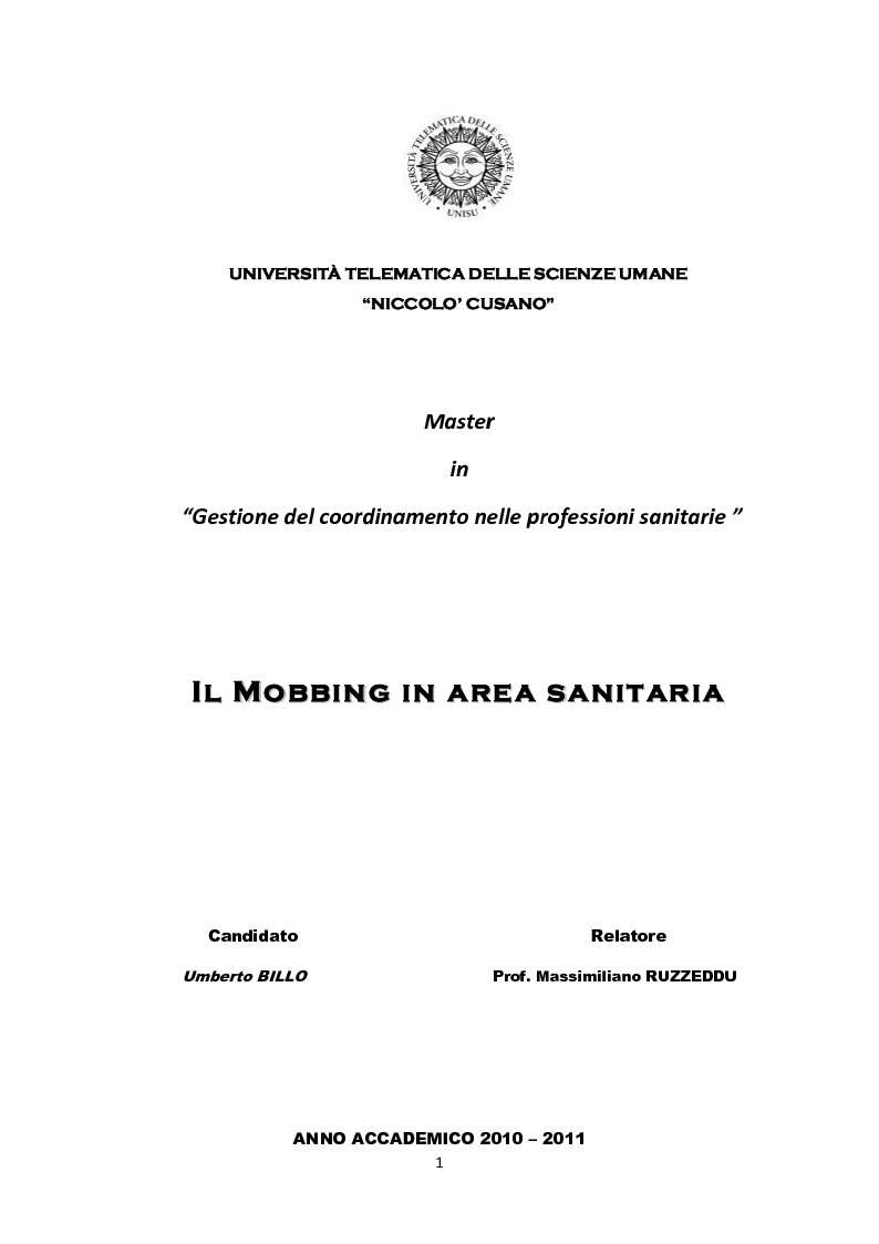 Anteprima della tesi: Il Mobbing in Area Sanitaria, Pagina 1