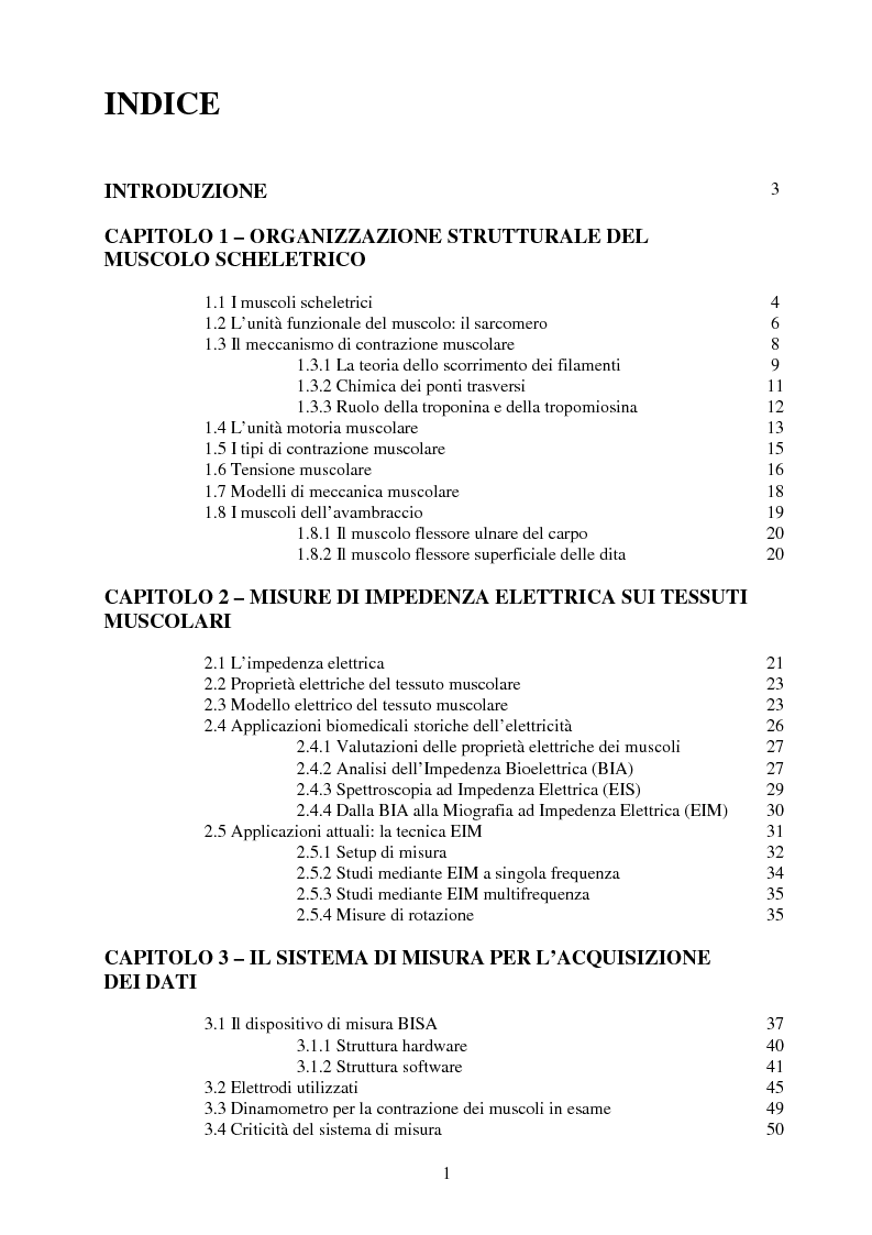 Indice della tesi: Caratterizzazione dei tessuti muscolari tramite misure di Spettroscopia ad Impedenza Elettrica, Pagina 1