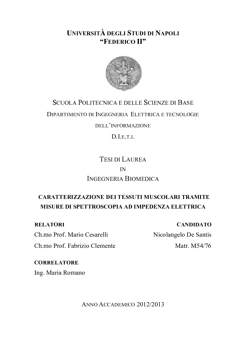 Anteprima della tesi: Caratterizzazione dei tessuti muscolari tramite misure di Spettroscopia ad Impedenza Elettrica, Pagina 1