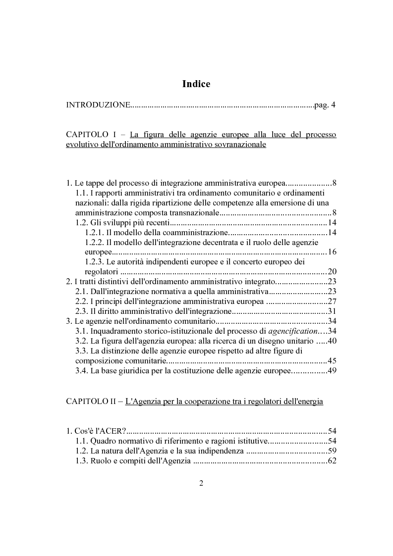 Indice della tesi: L'ACER nel quadro dei cambiamenti che interessano le agenzie europee, Pagina 1