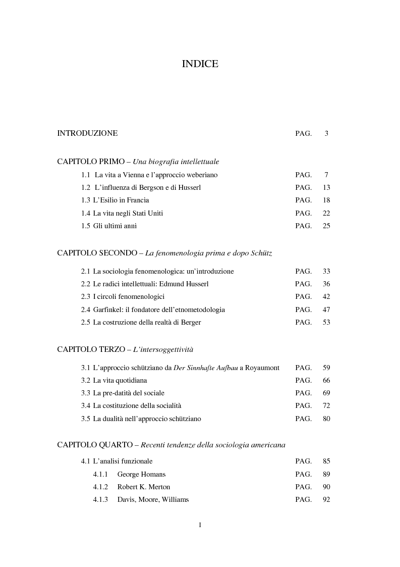 Indice della tesi: Alfred Schütz: l’intersoggetivitá. Traduzione in italiano del testo ''The Problem of Transcendental Intersubjectivity in Husserl'', Pagina 1