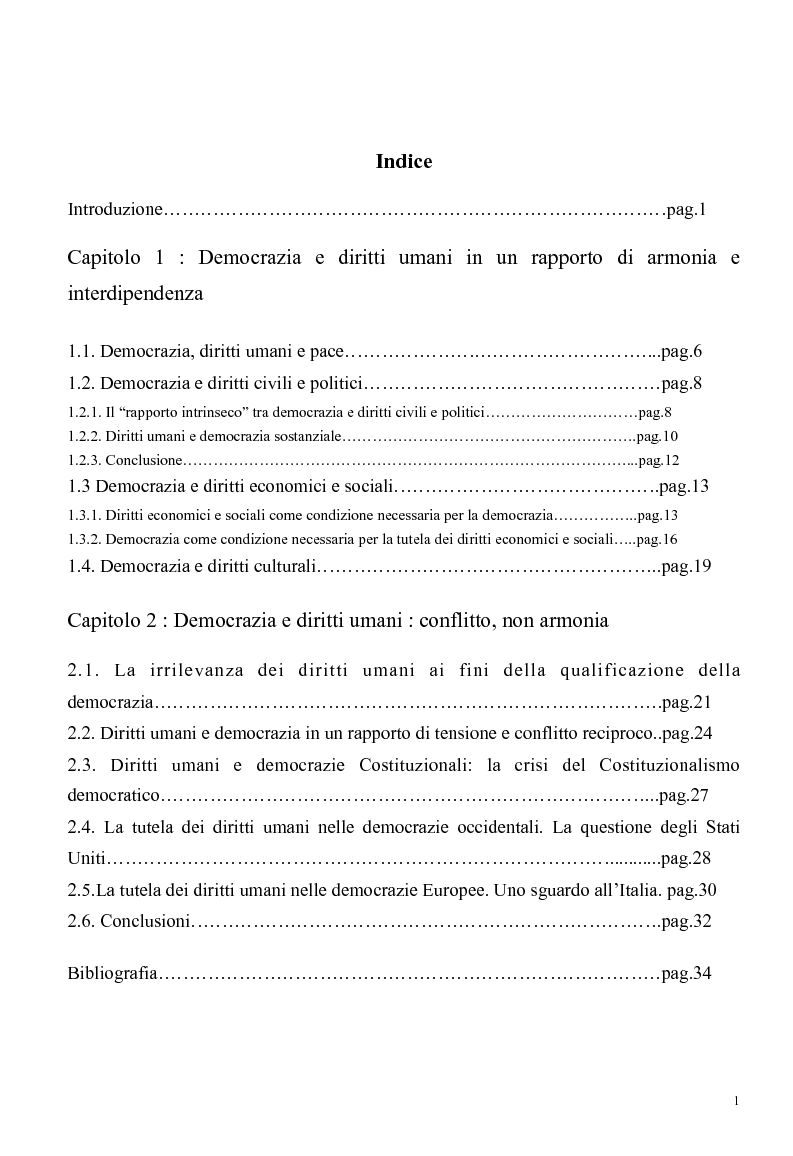 Indice della tesi: La relazione tra democrazia e diritti umani, Pagina 1