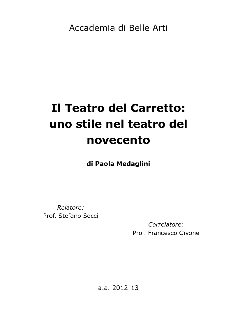Anteprima della tesi: Il Teatro del Carretto: uno stile nel teatro del novecento, Pagina 1