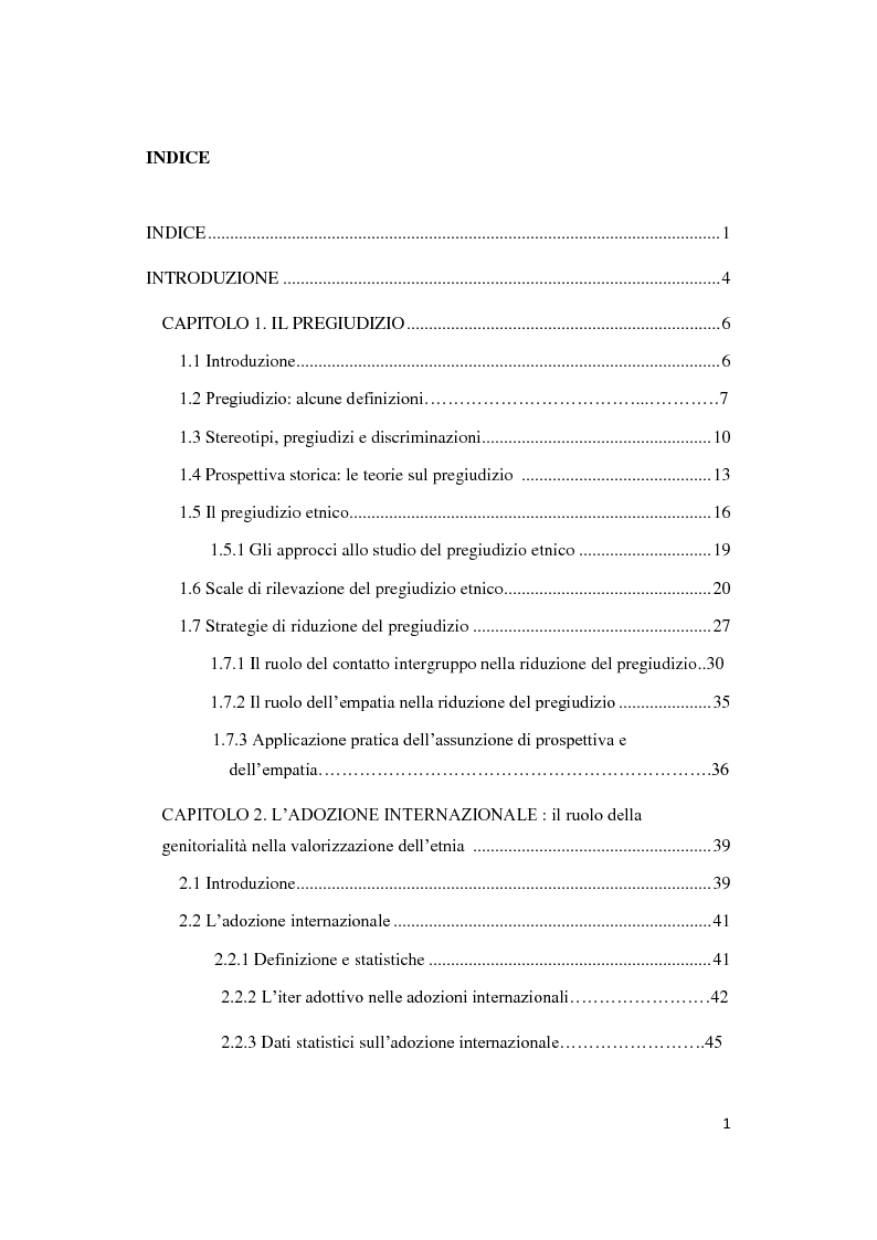 Indice della tesi: Il pregiudizio etnico in coppie in attesa di adozione e in coppie senza figli: una ricerca empirica, Pagina 1