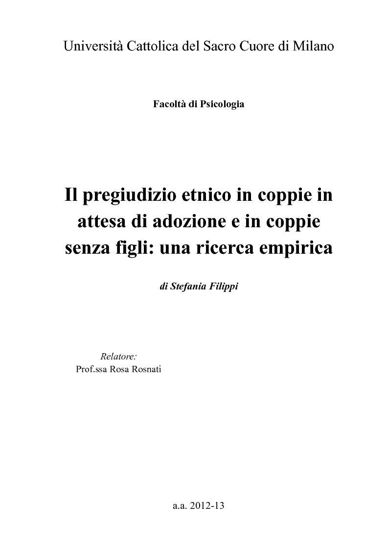 Anteprima della tesi: Il pregiudizio etnico in coppie in attesa di adozione e in coppie senza figli: una ricerca empirica, Pagina 1