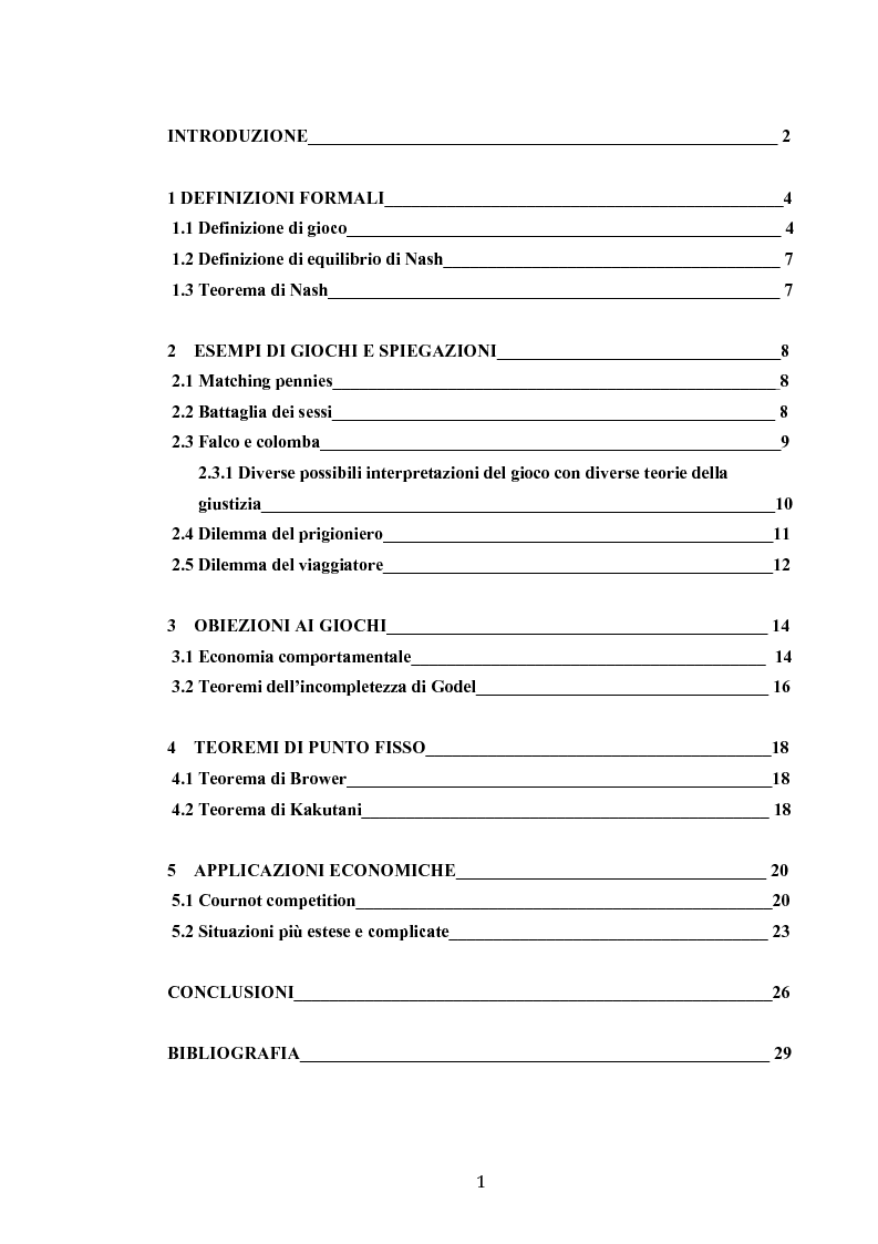 Indice della tesi: Applicazioni economiche del teorema di Nash, Pagina 1