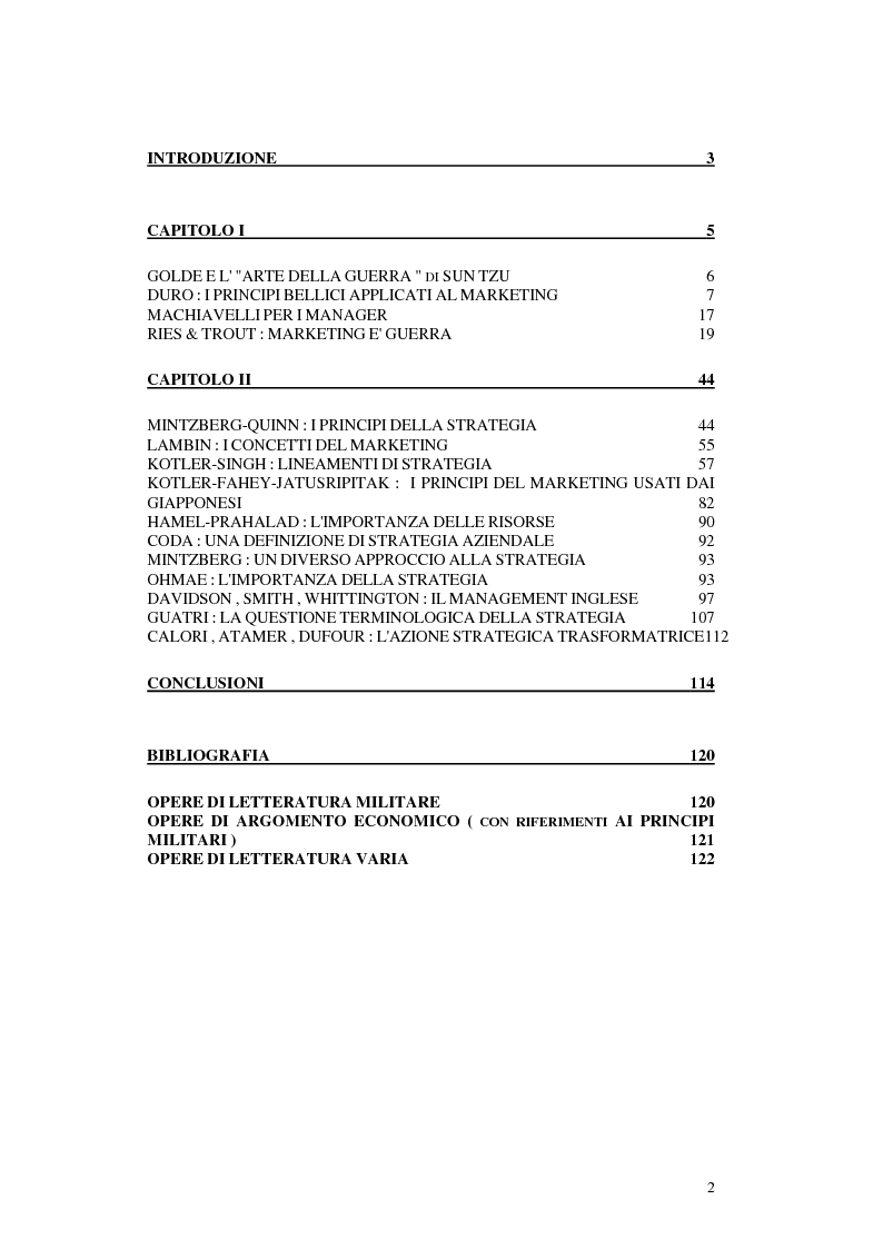 Indice della tesi: Il contributo delle dottrine militari all'elaborazione della strategia aziendali, Pagina 1
