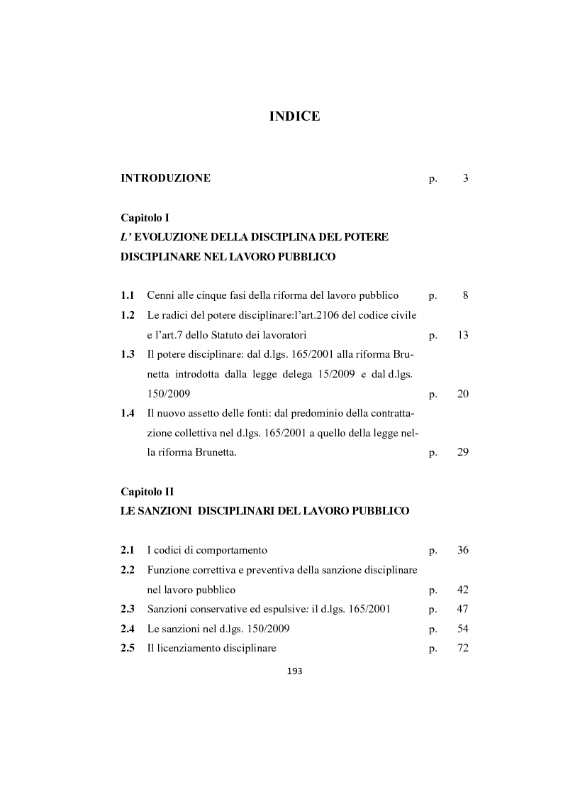 Indice della tesi: Il potere disciplinare nel lavoro pubblico, Pagina 1