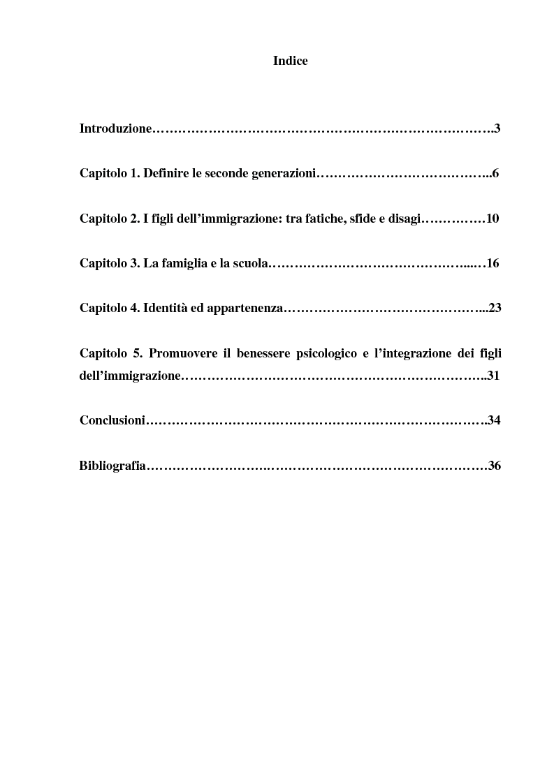 Indice della tesi: Le Seconde Generazioni dell'Immigrazione tra sfide, storie e ricerca d'identità, Pagina 1