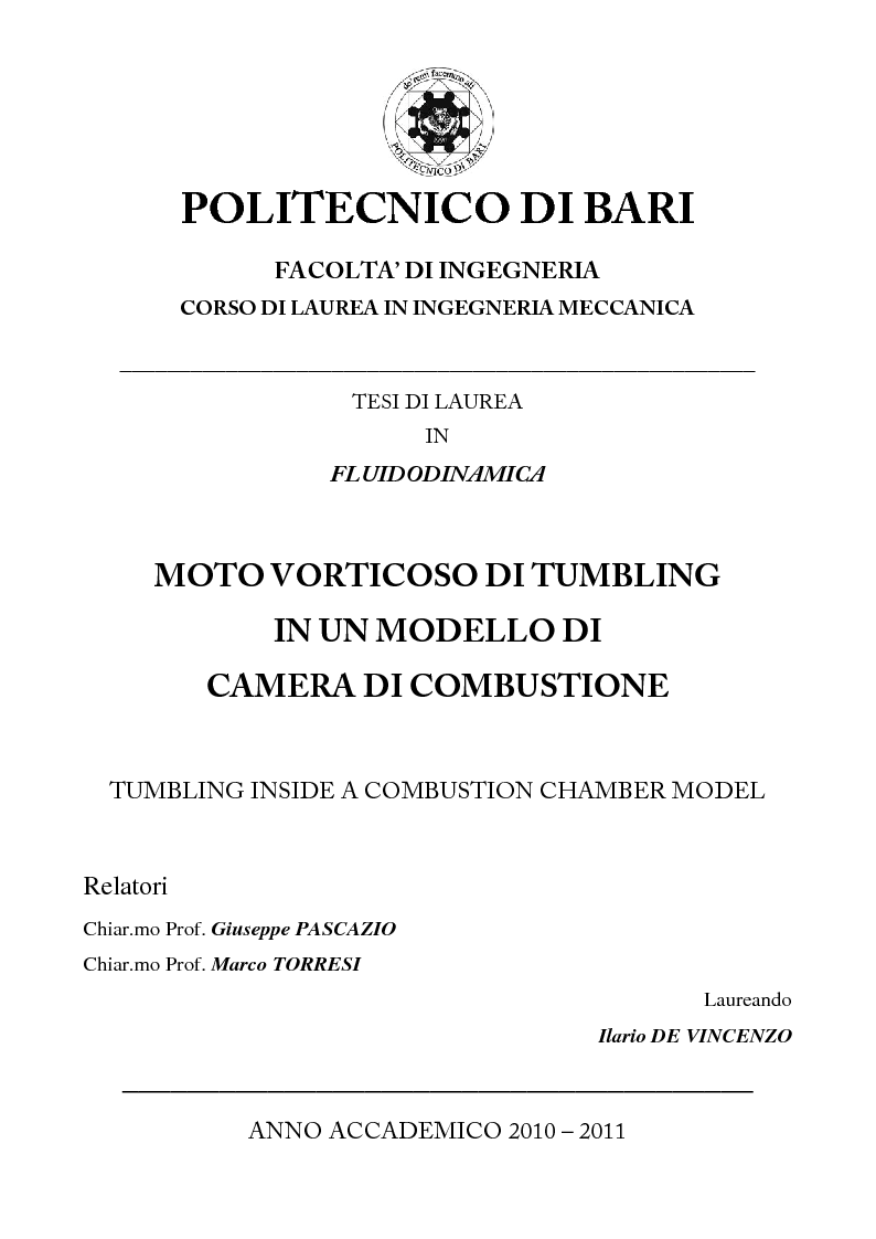 Anteprima della tesi: Moto vorticoso di tumbling in un modello di camera di combustione, Pagina 1