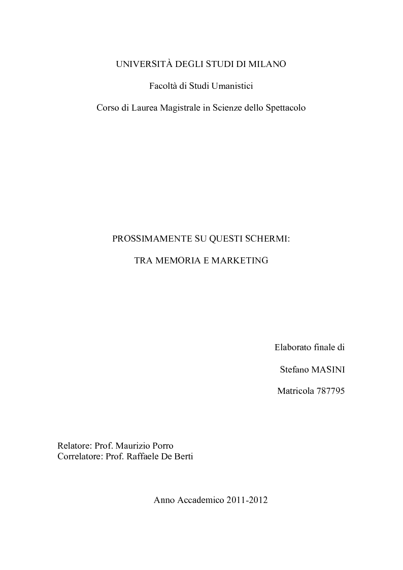 Anteprima della tesi: Prossimamente su questi schermi: tra memoria e marketing, Pagina 1