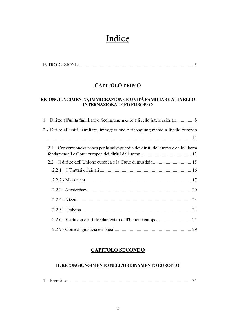 Indice della tesi: Il ricongiungimento familiare: tutele dell'ordinamento e aspetti problematici, Pagina 1