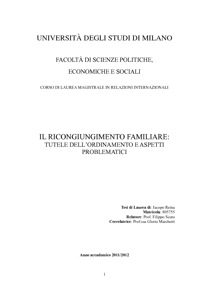 Anteprima della tesi: Il ricongiungimento familiare: tutele dell'ordinamento e aspetti problematici, Pagina 1