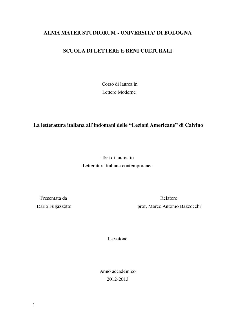 Anteprima della tesi: La narrativa italiana all'indomani delle Lezioni Americane di Calvino, Pagina 1