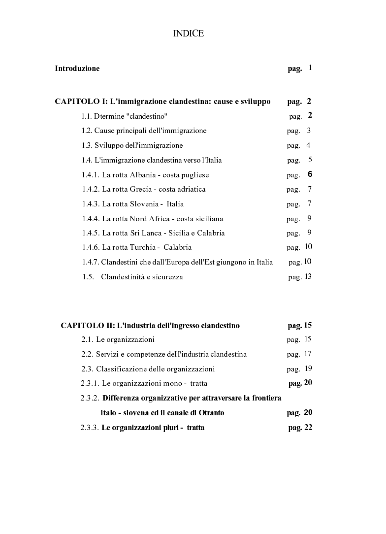Indice della tesi: Le politiche di prevenzione, controllo e contrasto dell'immigrazione clandestina: il caso Italia, Pagina 1