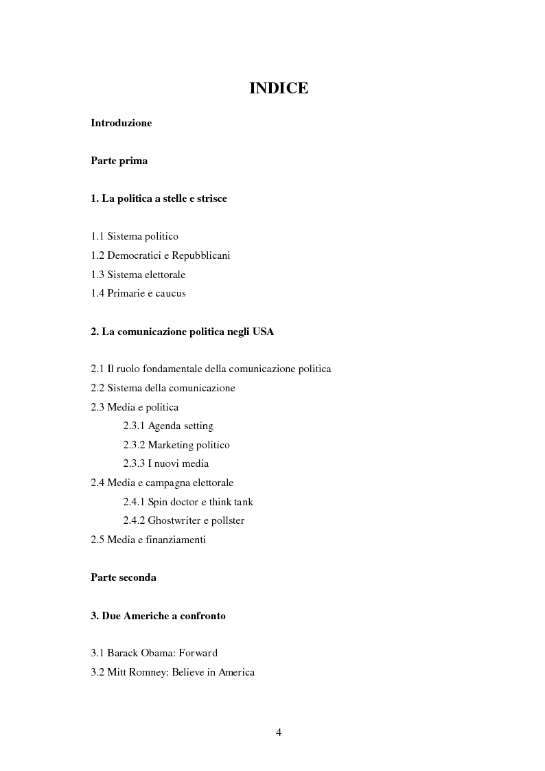 Indice della tesi: Media e consenso elettorale. Il caso della campagna presidenziale USA 2012: il duello Obama - Romney, Pagina 1
