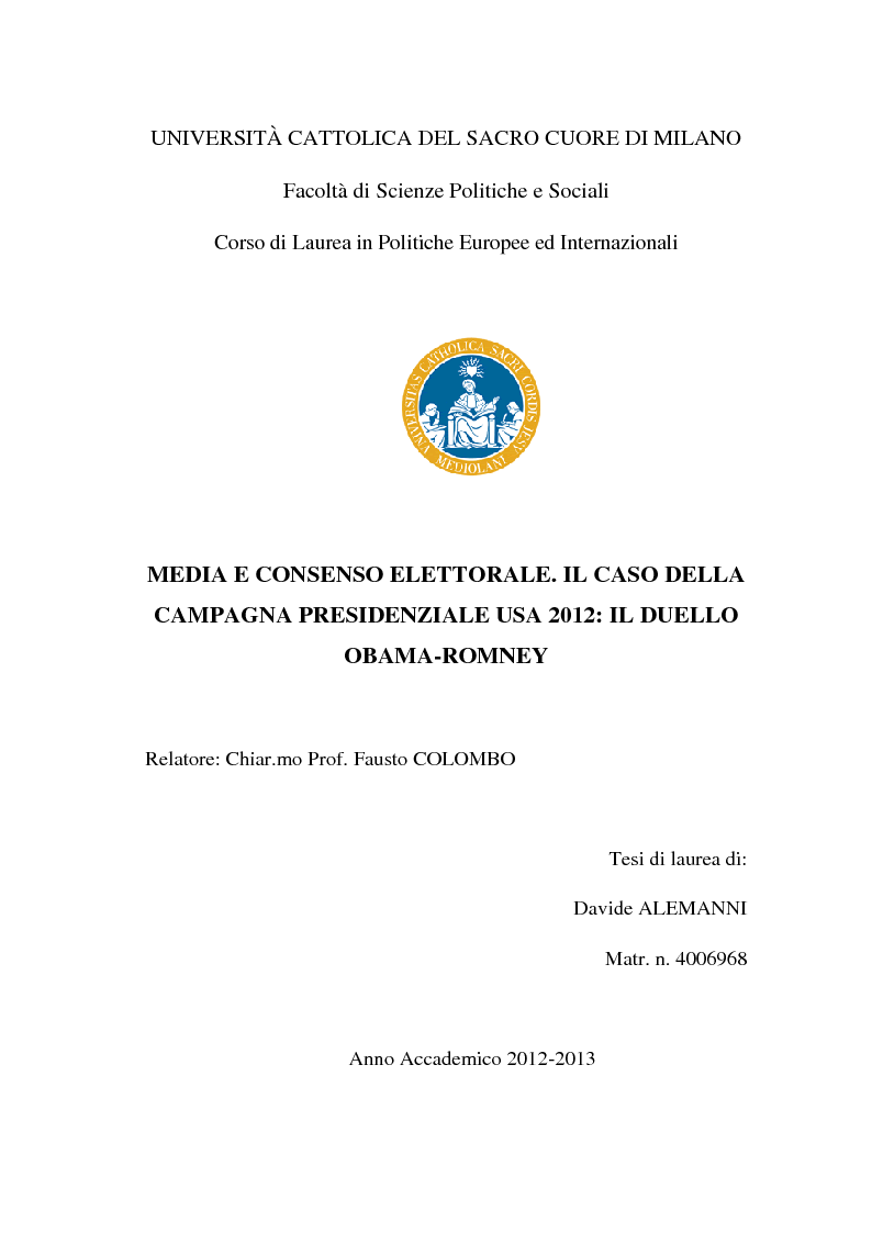 Anteprima della tesi: Media e consenso elettorale. Il caso della campagna presidenziale USA 2012: il duello Obama - Romney, Pagina 1