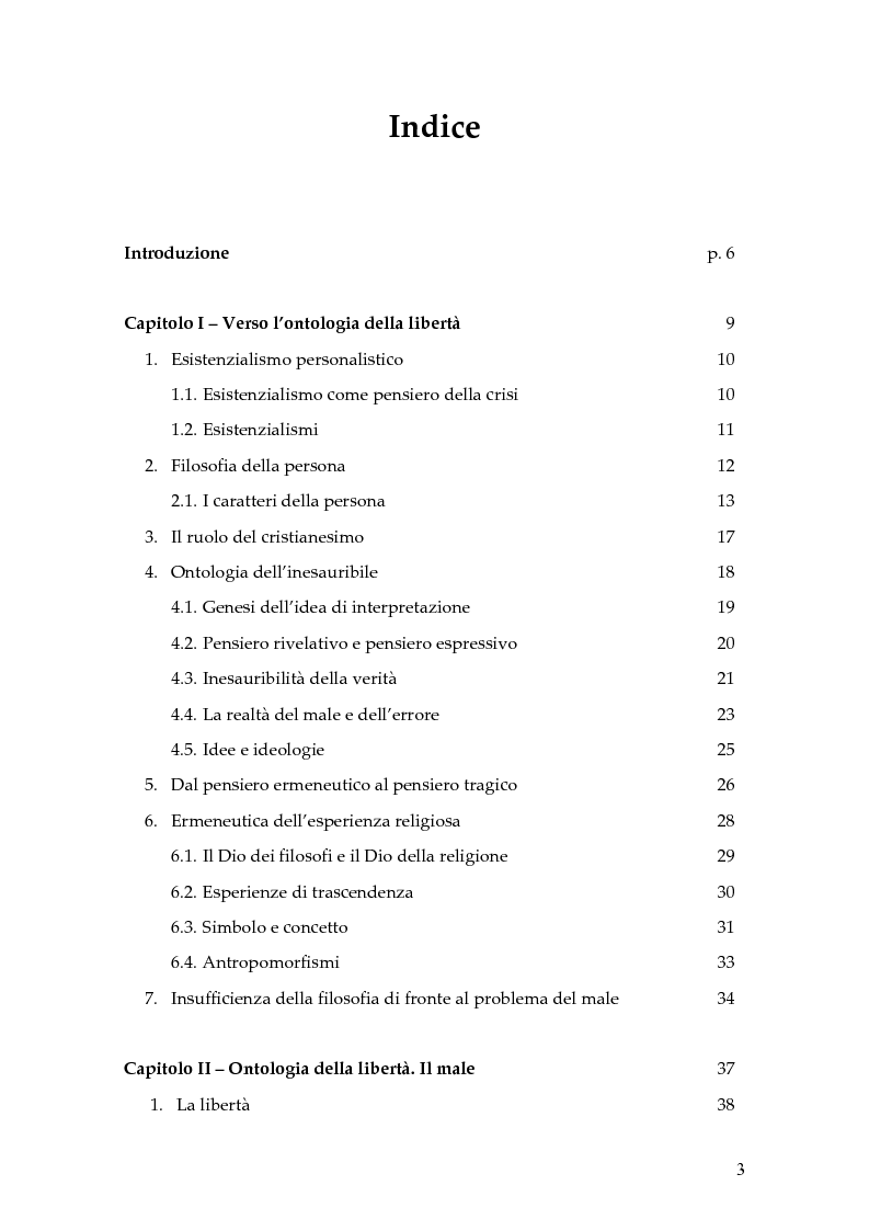 Indice della tesi: Il problema del male nel pensiero di Luigi Pareyson, Pagina 1