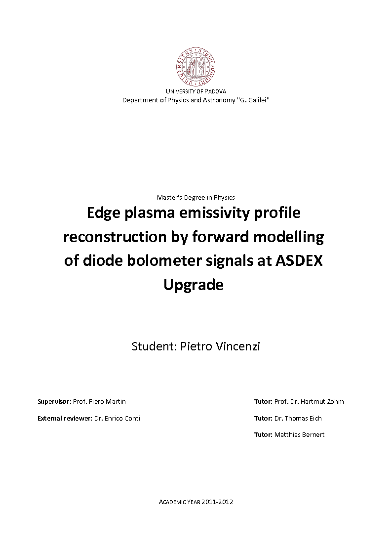 Anteprima della tesi: Edge plasma emissivity profile reconstruction by forward modelling of diode bolometer signals at ASDEX Upgrade, Pagina 1