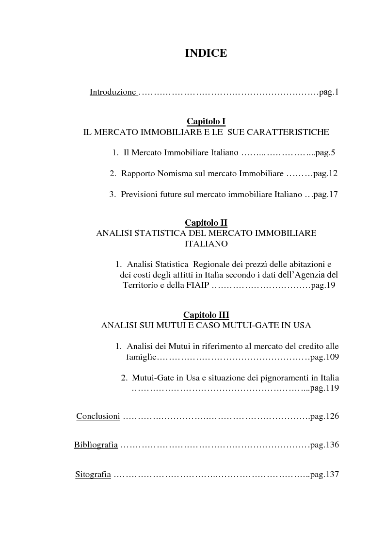 Indice della tesi: Analisi statistica sul mercato immobiliare, Pagina 1