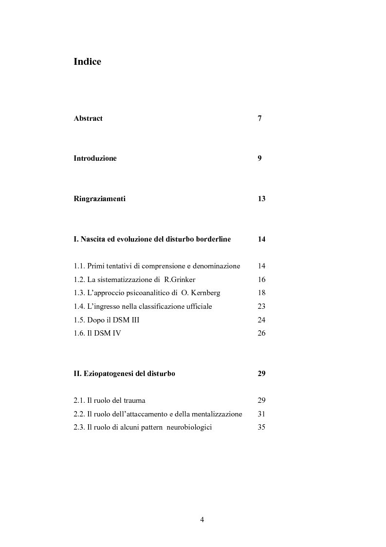 Indice della tesi: Nuovi orientamenti interpretativi e modelli di intervento per il Disturbo Borderline, Pagina 1