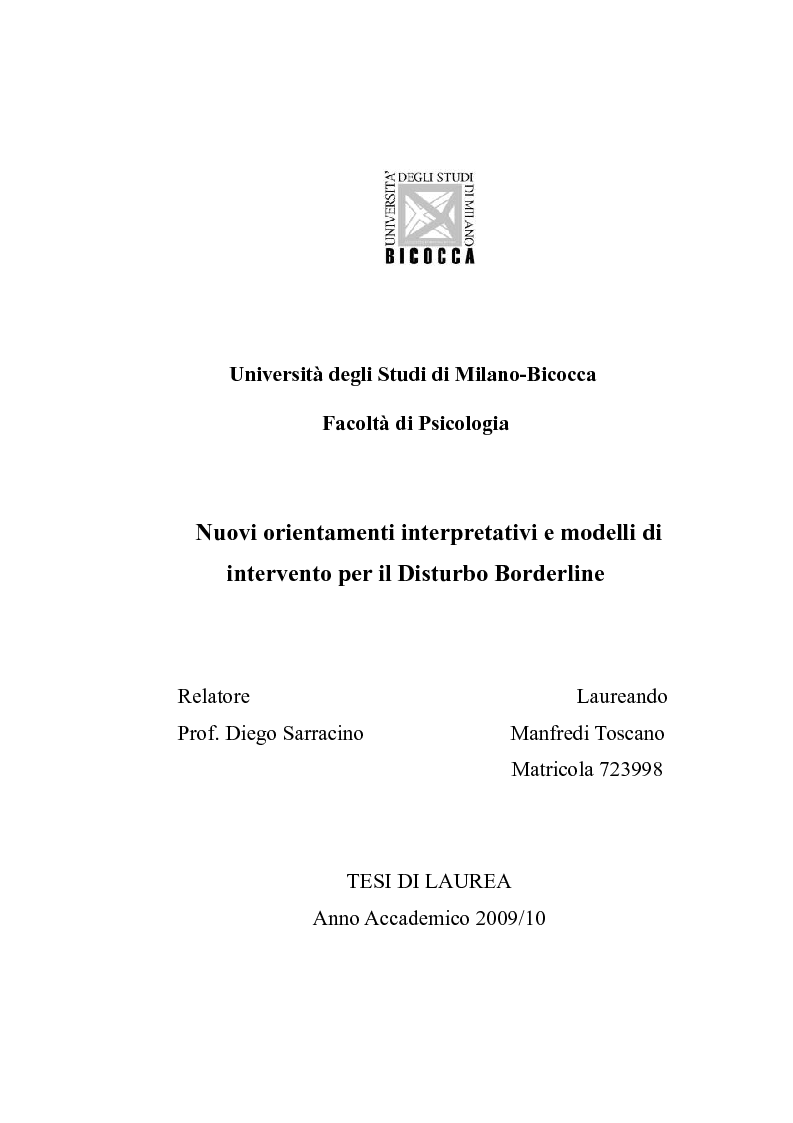 Anteprima della tesi: Nuovi orientamenti interpretativi e modelli di intervento per il Disturbo Borderline, Pagina 1