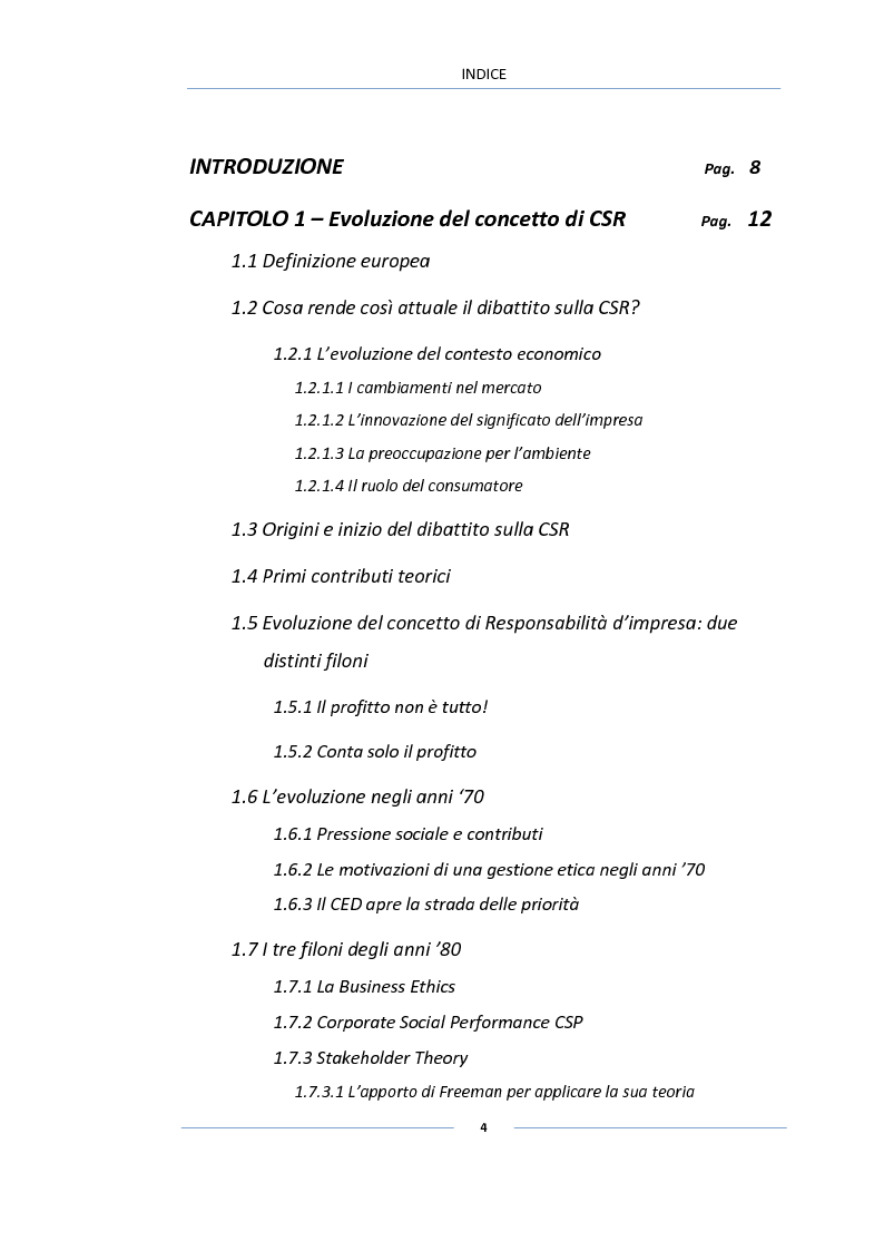 Indice della tesi: Leadership etica, intangibili e vantaggio competitivo basato sulla CSR: gli ultimi sviluppi della ricerca, Pagina 1