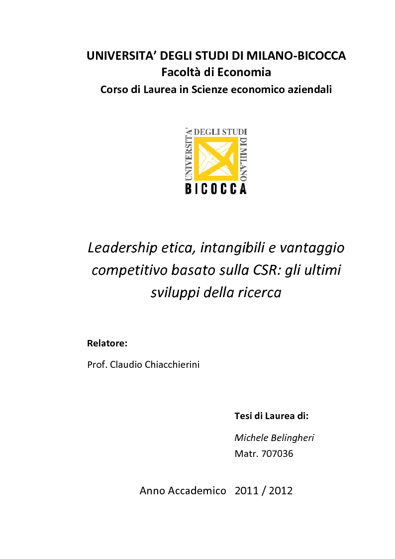 Anteprima della tesi: Leadership etica, intangibili e vantaggio competitivo basato sulla CSR: gli ultimi sviluppi della ricerca, Pagina 1