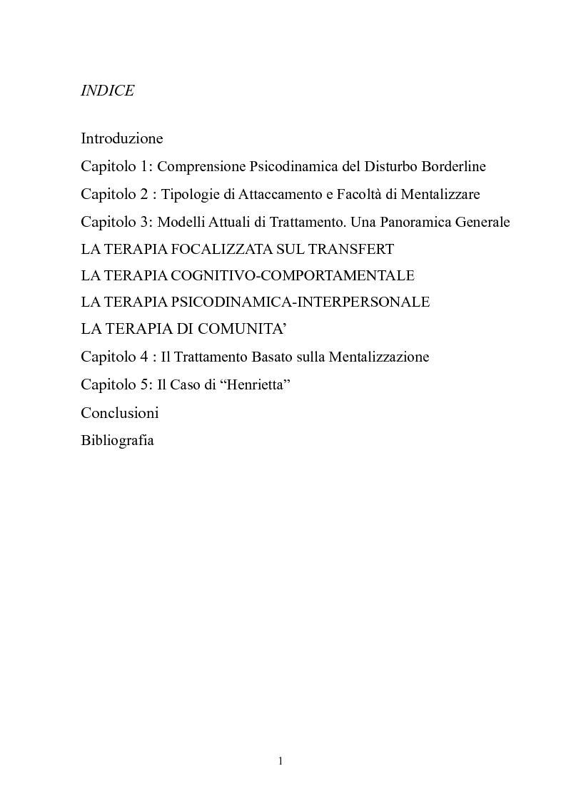Indice della tesi: Attaccamento e Mentalizzazione nel Disturbo Borderline, Pagina 1