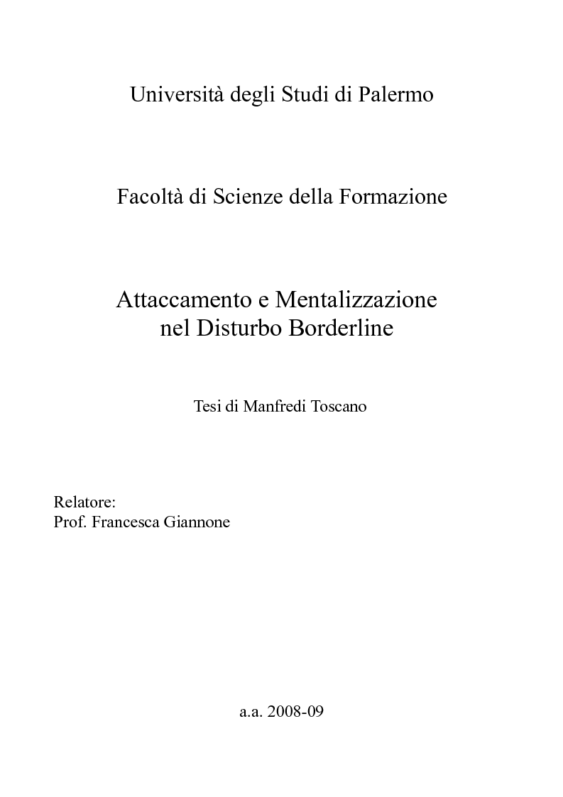 Anteprima della tesi: Attaccamento e Mentalizzazione nel Disturbo Borderline, Pagina 1